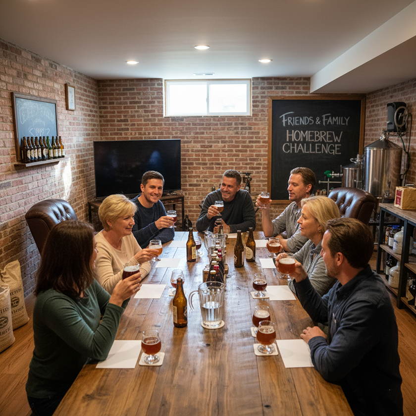 home brew competition setup with friends trying different drinks